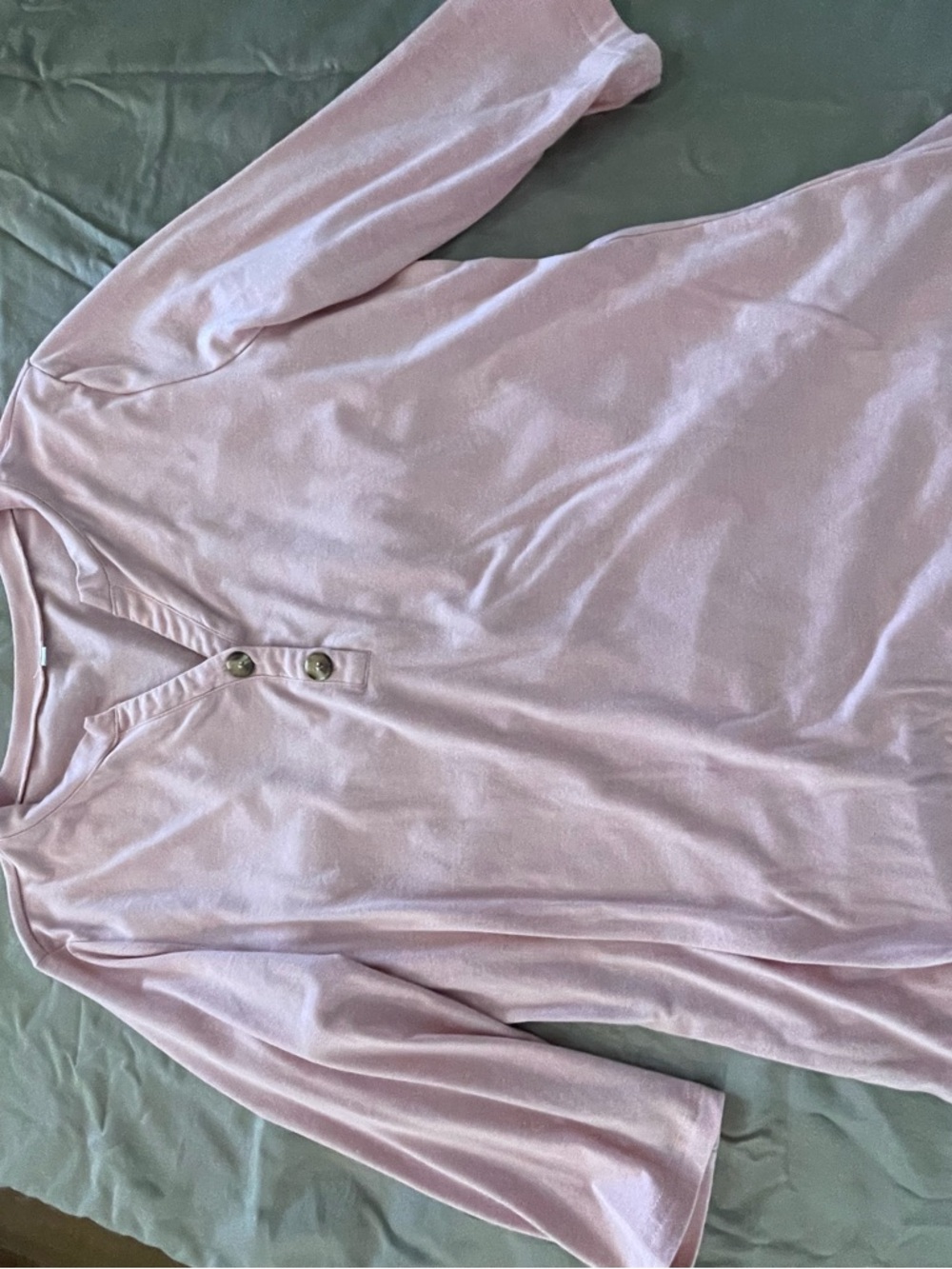 XL, 3/4 sleeve pink ladies top with decorative brown tone button accent.